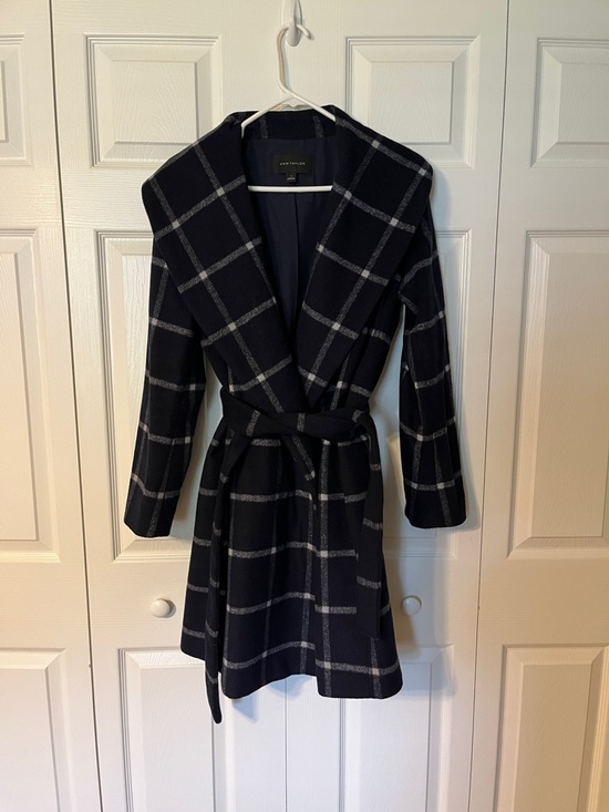 Ann Taylor Jackets & Blazers - Ann Taylor Black Windowpane Plaid Wrap Trench Coat with Belt navy and white M